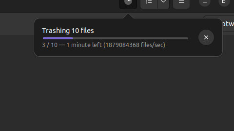 Trashing 10 files: 3 / 10 - 1 minute left (1879084368 files/sec)
