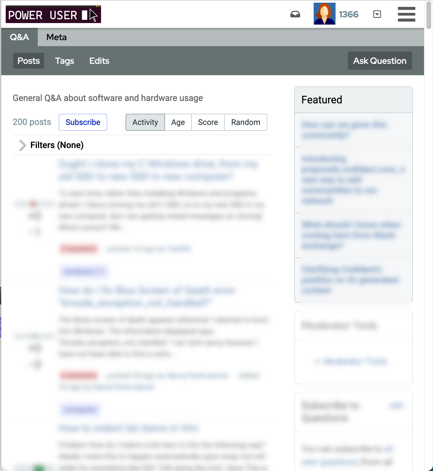 Screenshot of the Power Users front page showing a very narrow main column