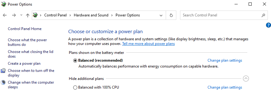 Windows 10 Power options -> Choose or customize a power plan