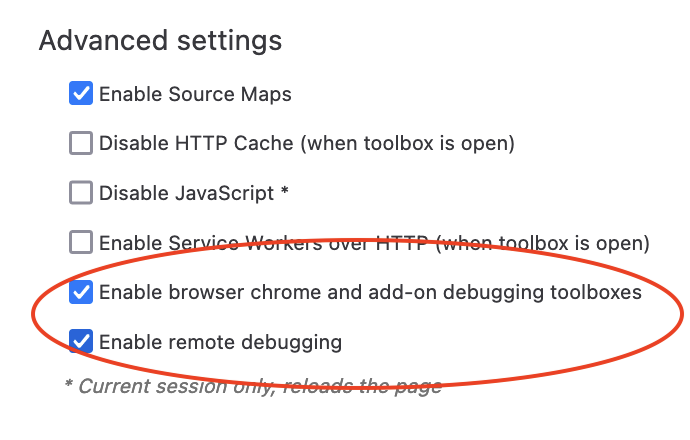 screenshot of the advanced settings with "Enable browser chrome and add-on debugging toolboxes" and "Enable remote debugging" activated
