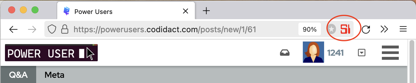 screenshot of the firefox url bar with the icon of the metrication extension highlighted