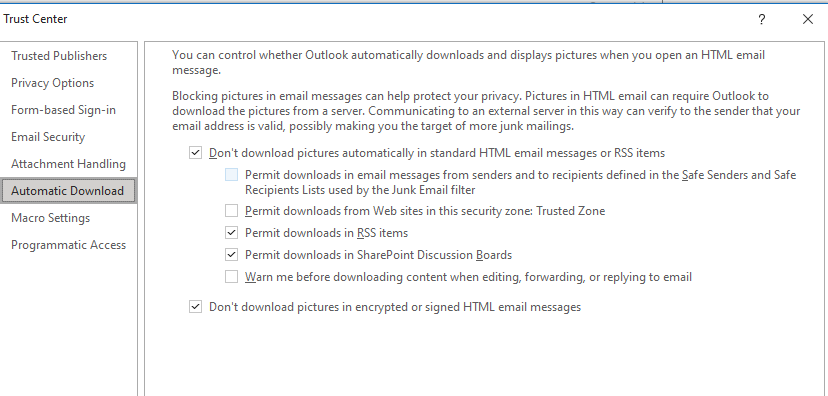 Outlook Trust Center Automatic Download options - unticked Permit downloads from Save Senders and Safe Recipients Lists