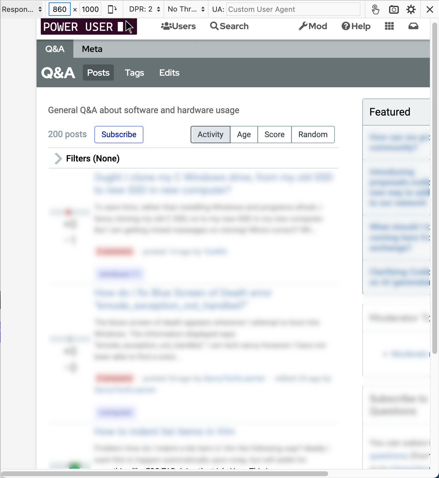 Screenshot of the Power Users front page showing a wider main column and partially hidden side bar