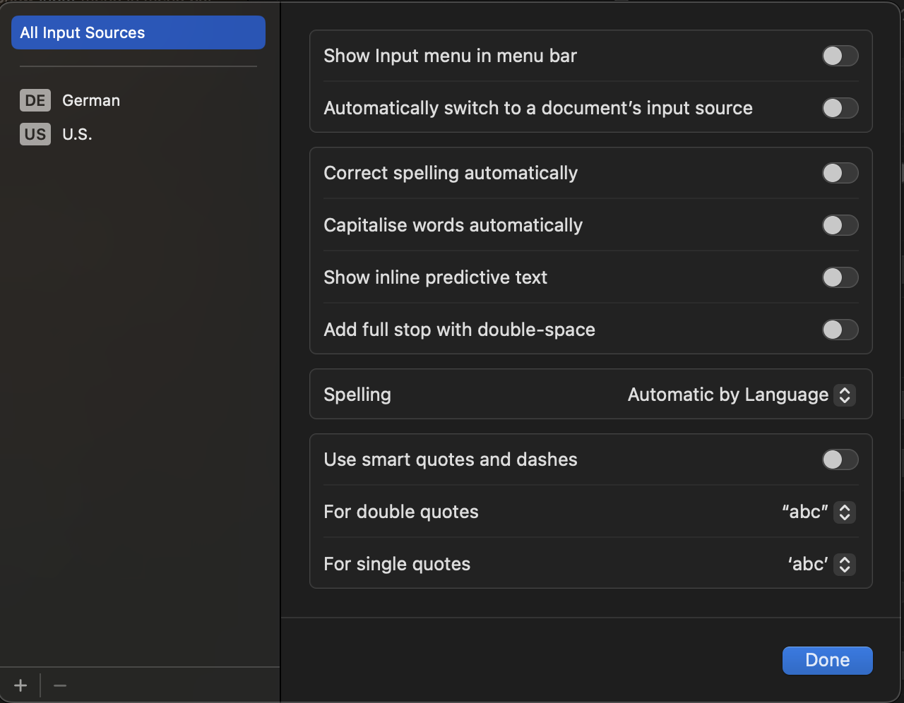 Screenshot of the input sources settings with all options disabled